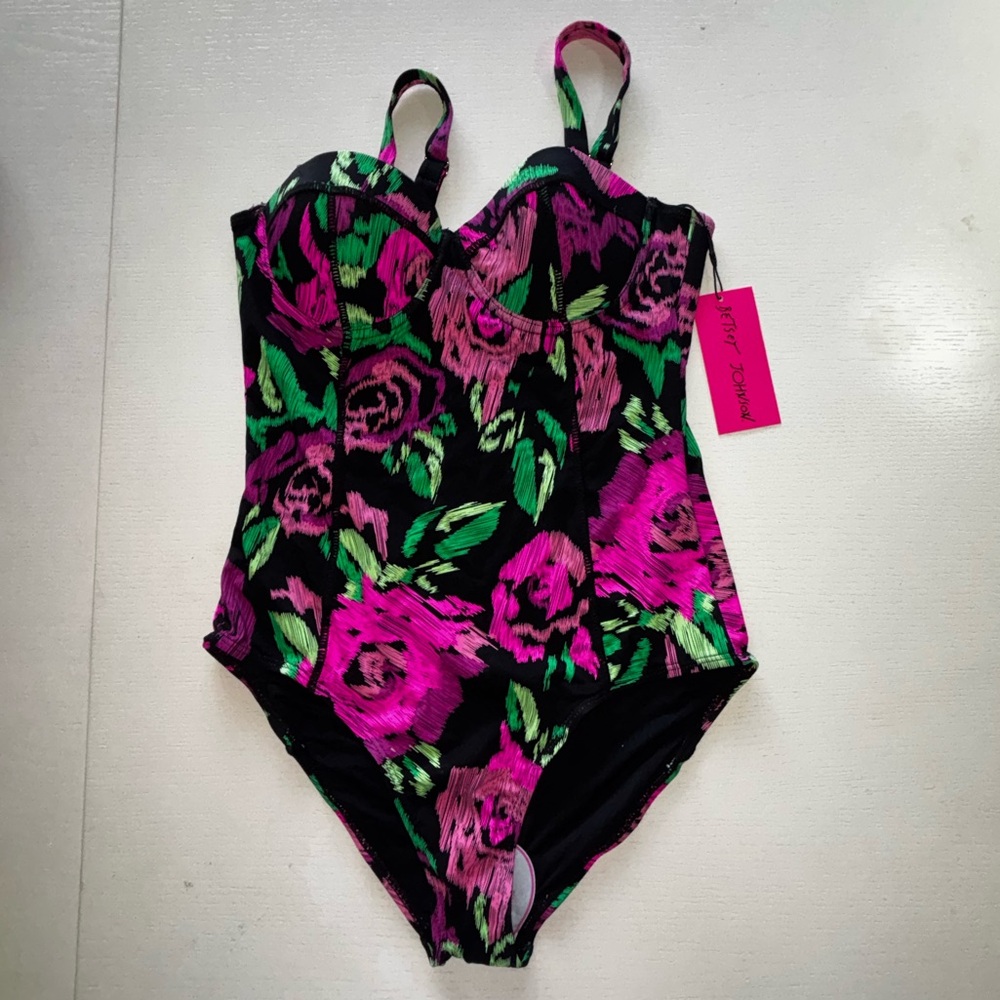 Betsey Johnson Black One-Piece Swimsuit with Pink Floral & Green Leaves MSRP$128